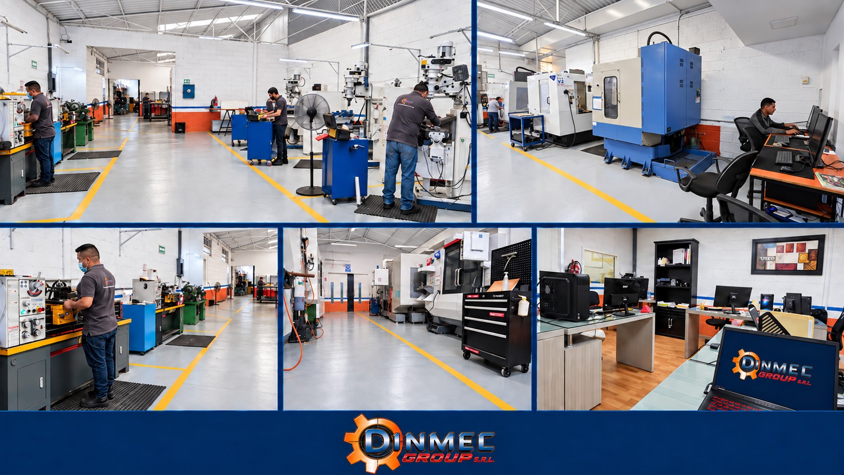 Collage de las instalaciones de Dinmec Group: área de fresado, centros de maquinado CNC, torneado, nave de maquinado y oficina de diseño