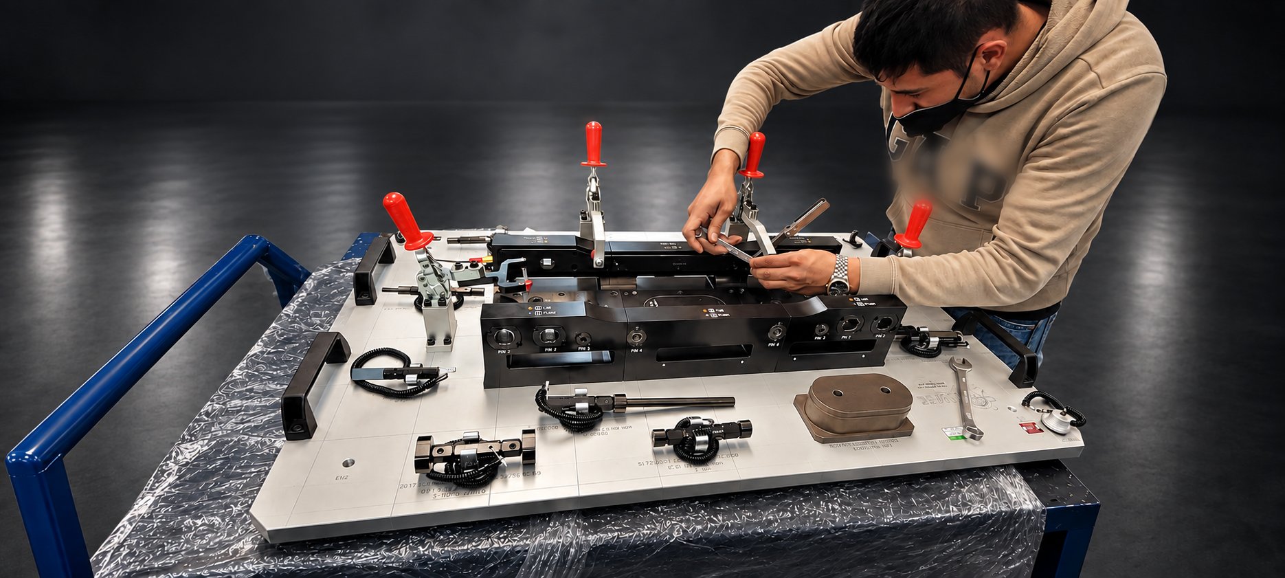 Técnico de Dinmec ajustando a mano un clamp de un checking fixture